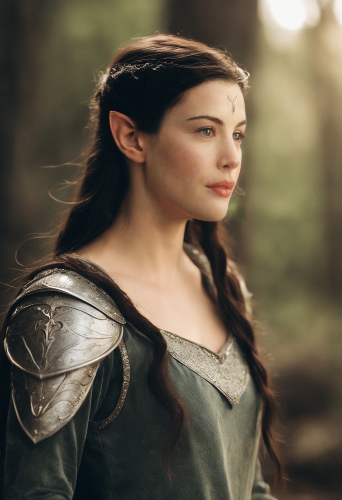 (full body shot) of liv_arwen dressed as an elf warrior princess,( medieval armor:2.0),( platemail:2.0), cinematic lightin...